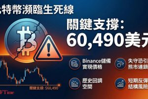 比特幣瀕臨生死線。Alphractal創辦人Joao Wedson警告，比特幣正面臨幣安儲備實現價格60,490美元的關鍵支撐測試。此水平代表幣安所有比特幣的平均成本基礎，目前價格66,000美元距此僅9%。若失守，可能使大量部位陷入未實現虧損，觸發連鎖賣壓。