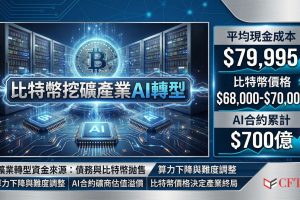 CoinShares報告顯示，上市礦商加權平均現金成本達79,995美元，而比特幣價格僅68,000至70,000美元，每挖一枚平均虧損約19,000美元。比特幣礦業大規模轉向AI基礎設施，累計簽訂逾700億美元合約。Core Scientific、Hut 8等龍頭紛紛轉型，AI收入佔比預計2026年底升至70%。