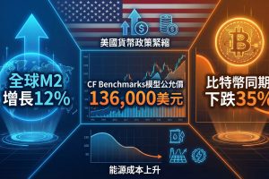 比特幣流動性失靈？全球M2增長12%但比特幣下跌35%，創史上最大脫鉤。CF Benchmarks模型顯示比特幣公允價值約136,000美元，遠高於當前70,000美元。聯準會緊縮與能源成本上升是關鍵壓制因素。歷史經驗顯示脫鉤是暫時的，ETF與企業財庫的結構性買盤可能成為修復催化劑。