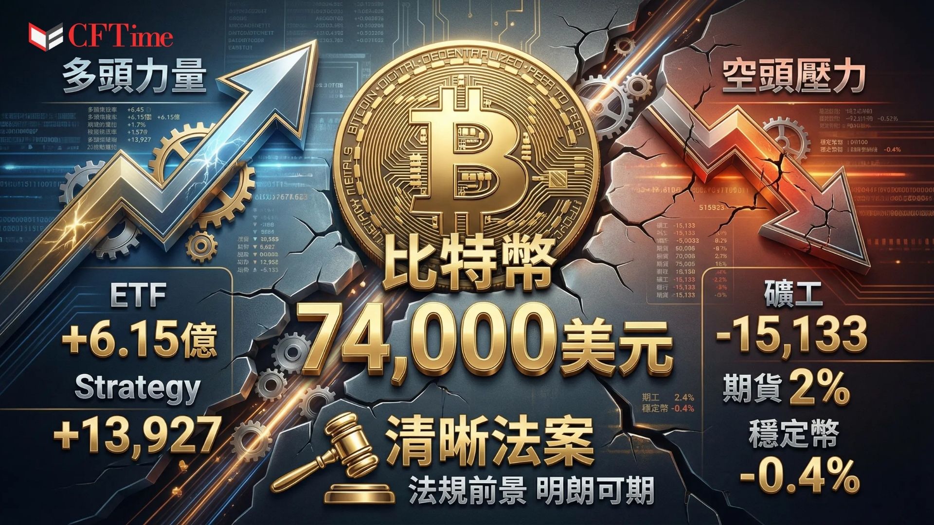 比特幣反彈至74,000美元，美國現貨比特幣ETF週四至週五錄得6.15億美元淨流入，Strategy過去一週收購13,927枚BTC（約10億美元）。然而上市礦商MARA Holdings、Riot Platforms及Cango近月合計減持逾19,000枚BTC。2個月期貨年化溢價僅2%，遠低於中性區間4%至8%；穩定幣兌人民幣折價0.4%，反映避險情緒。