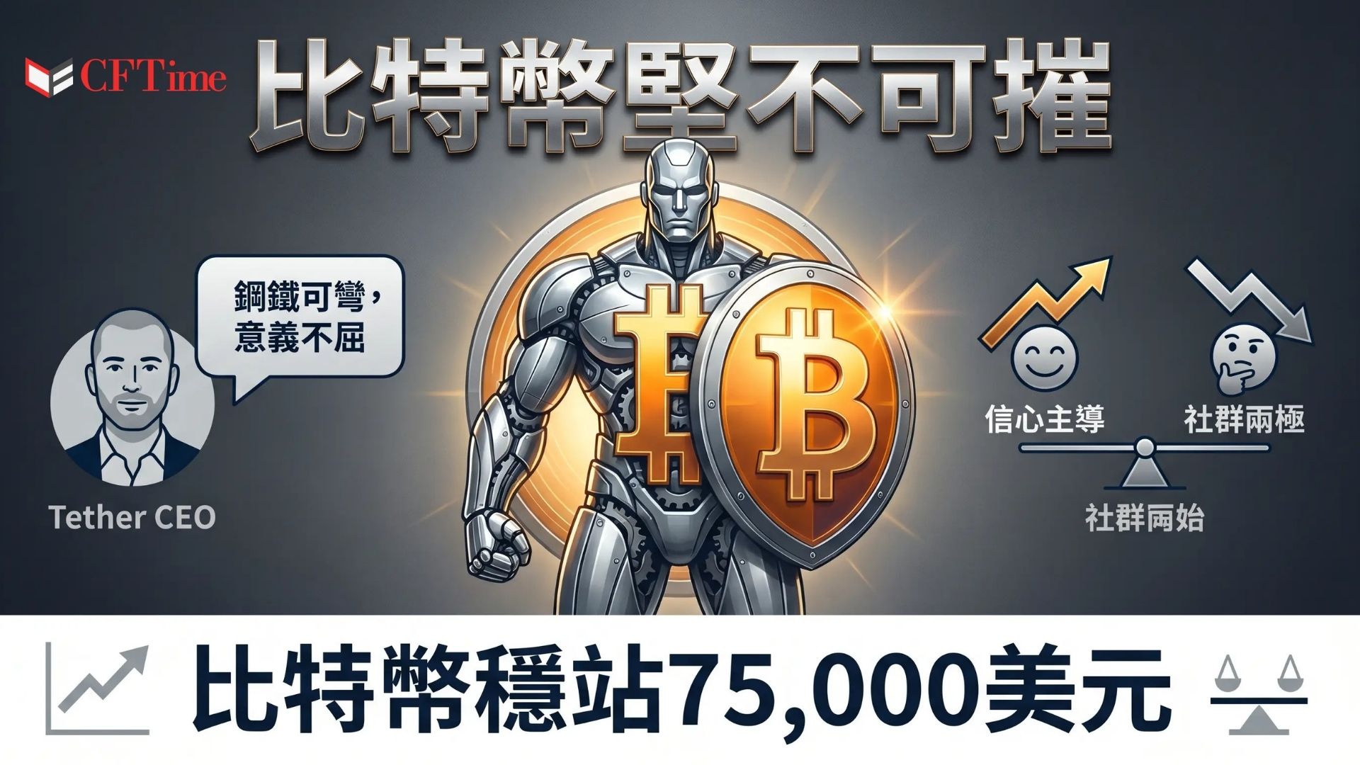 Tether看多比特幣！公司行政總裁Paolo Ardoino在比特幣站穩75,000美元之際發表看多言論，將一件鋼鐵人形雕塑藝術品解讀為比特幣「堅不可摧」本質的象徵，稱「你可以彎曲鋼鐵，但無法彎曲其意義」。加密社群反應兩極，支持者讚賞其概念連結，批評者稱比特幣為騙局，但負面評論被更多支持性言論淹沒。