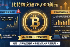 比特幣反彈至76,000美元上方創2月初新高，CryptoQuant數據顯示每小時交易所流入量飆升至11,000枚BTC（去年12月以來最高），平均存款規模升至2.25 BTC（2024年7月以來最高），為歷史上可靠的比特幣短期賣壓預警信號。比特幣正接近76,800美元實現價格，此水平可能成為救濟性反彈天花板。