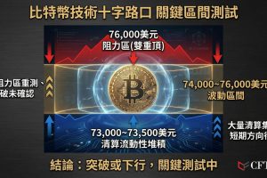 比特幣76K阻力與73K美元清算流動性的拉鋸之中。昨日價格在76,000美元形成等高高點，與3月前期高點持平，構成雙重頂結構。Daan Crypto Trades分享的幣安清算熱力圖顯示73,000至73,500美元區域存在大量清算集群。分析師Elja指出比特幣已重返1月阻力區，突破確認前不應假設方向。