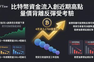 比特幣4月流入1,768億美元資金，為近期歷史上最看漲時期，但交易量卻跌至近三年最低水平。CryptoQuant數據顯示，幣安單4月份交易量下降逾250億美元，Gate.io下降130億美元，OKX下降60億美元。現貨吃單累積成交量差額顯示買方仍控制市場，但跟進力度較弱。