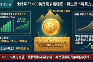 比特幣看漲結構完整，在77,000美元建立需求牆，衍生品市場買方壓力持續主導訂單流。月度平滑淨吃單成交量維持1.45億美元正值，連續近兩個月保持正值。總期貨交易量從4月初510億美元回升至670億美元，槓桿率從5.8攀升至6.3，總未平倉合約升至1,300億美元。需求指數連續七天為正值。