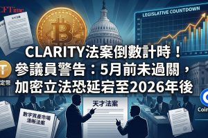 CLARITY法案倒數計時！參議員Cynthia Lummis確認參議院銀行委員會目標4月下旬審議CLARITY法案，若5月前未進入表決，重大數字資產立法恐延宕至2026年中期選舉之後。穩定幣收益爭議達成妥協：禁止對被動持有穩定幣支付收益，但保留與支付、轉帳相關的活動型獎勵。