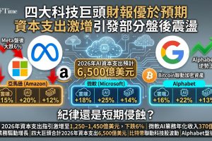 亞馬遜、Meta、微軟及Alphabet第一季營收均優於預期，雲端業務強勁增長。然而激進資本支出引發盤後賣壓：Meta因資本支出上調至1,250億至1,450億美元下跌6%，微軟及亞馬遜因AI建設成本下滑。行業估計四大科技巨頭AI軍備競賽合併資本支出將超過6,500億美元。