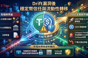 自Solana生態Drift Protocol遭漏洞攻擊以來，Circle遭集體訴訟，指控其未及時凍結被盜資金。Tether的USDT市值在此期間增長2.1%至近1,880億美元創歷史新高，而USDC僅增長1.4%。Compass Point分析師警告，DeFi資金流出將壓縮Circle與Coinbase利潤，並給予Circle股票「賣出」評級，目標價77美元。