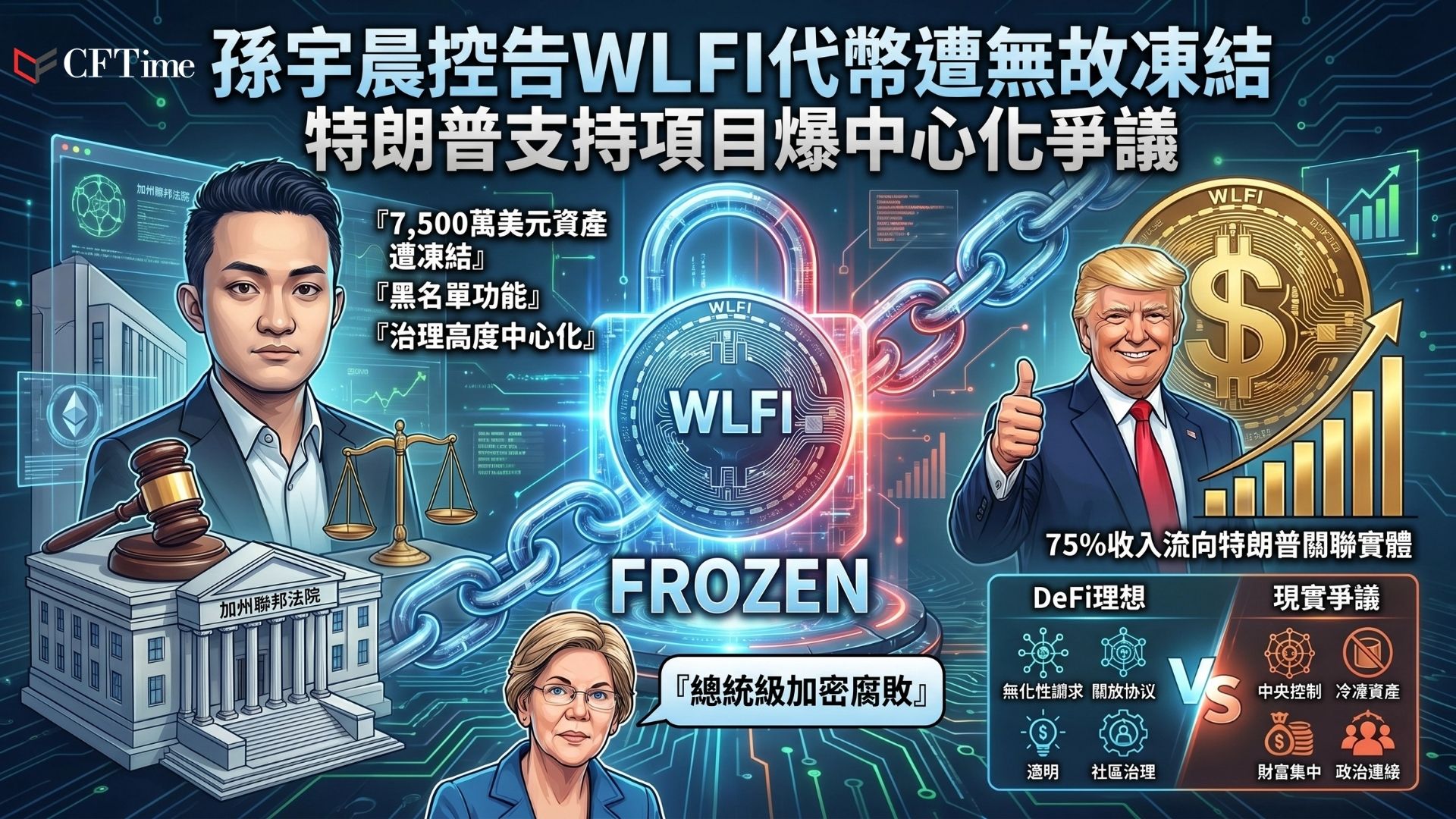 孫宇晨狀告WLFI。Tron創辦人孫宇晨4月2日向加州聯邦法院起訴特朗普支持的World Liberty Financial（WLFI），指控其無故凍結至少7,500萬美元WLFI代幣，並威脅永久銷毀。訴狀指WLFI智能合約存在隱藏黑名單功能，約60%投票權集中在少數關聯錢包。WLFI「黃金文件」顯示近75%淨收入分配給特朗普關聯實體，普通代幣持有者無法獲得協議收入。