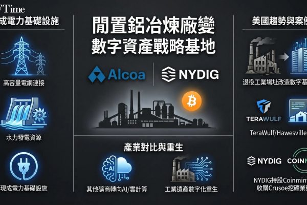 美鋁（Alcoa）接近達成協議，將其閒置逾十年的紐約州Massena East冶煉廠出售予比特幣挖礦公司NYDIG，預計交易於今年年中完成。冶煉廠配備現有變電站、輸電線路與高容量電網連接，並受益於紐約電力局水力發電，對尋求低成本低碳能源的計算密集型企業極具吸引力。