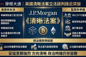 摩根大通最新報告指出，清晰法案談判接近突破，美國加密監管規則「接近完成」。爭議項目已從約十幾個縮減至僅2至3個，圍繞穩定幣獎勵的辯論「已處於良好狀態」。法案旨在定義SEC與CFTC之間的監管分工，以及穩定幣與DeFi平台的定位。最新提案可能同時獲得加密企業與傳統金融機構支持。