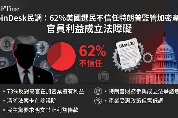 CoinDesk委託民調顯示，62%美國選民不信任特朗普政府監管加密產業的能力，73%反對高級官員在加密行業持有個人商業利益。僅17%受訪者知曉特朗普與兒子們支持World Liberty Financial推出。《清晰法案》在參議院卡關，民主黨要求納入禁止高級官員持有加密利益的條款，但白宮表示不會支持針對總統或其家族成員的法案。特朗普整體支持率已降至40%。