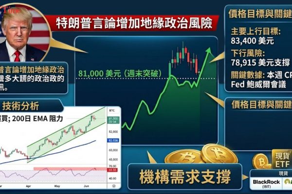 比特幣週末突破81000美元關卡。本週CPI、PPI及零售銷售數據將陸續公布，可能顯著影響減息預期。鮑威爾將迎來作為聯準會主席的最後一次會議。特朗普指控伊朗「拖延五十年」，為市場增添地緣政治變數。技術面上，200日EMA（82,036美元）自1月下旬以來多次拒絕多頭，下一主要目標為83,400美元。
