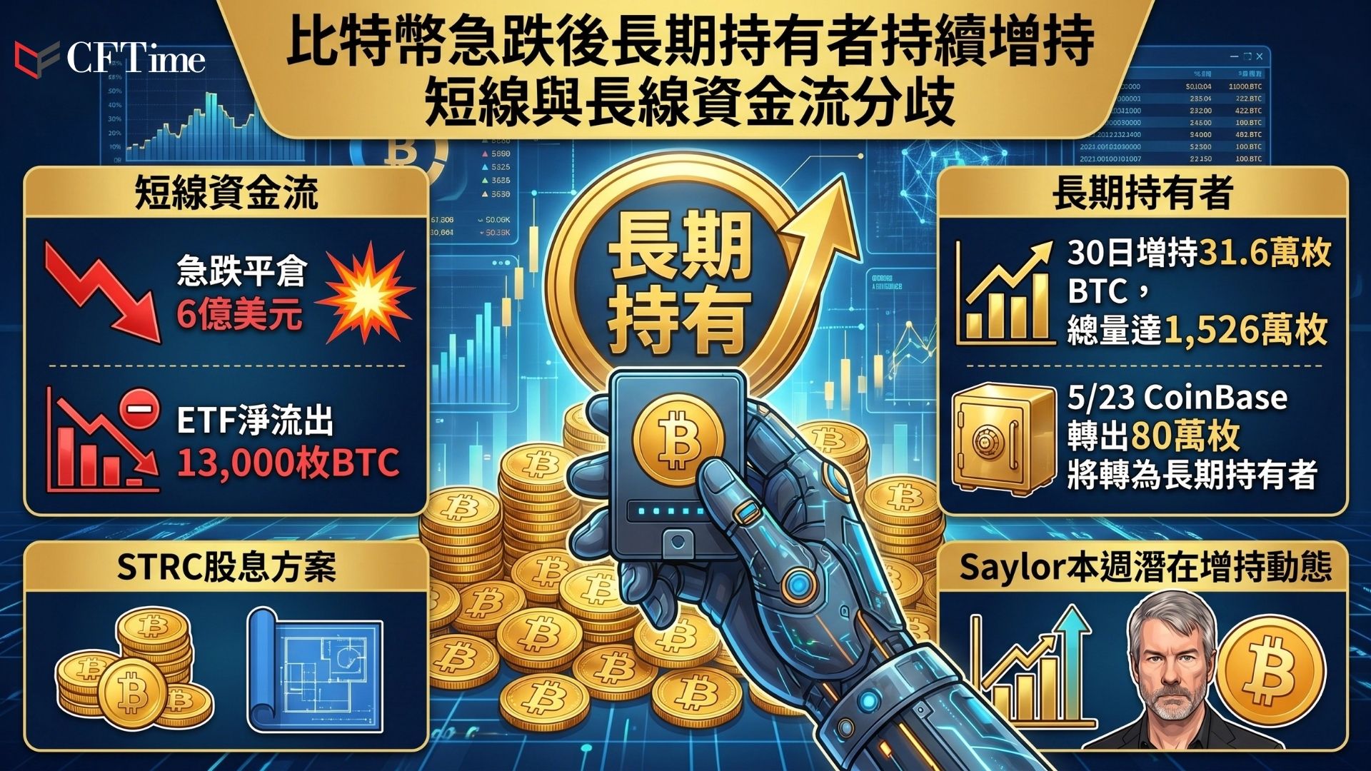 比特幣一小時內劇烈拋售跌破77,000美元，最低觸及76,901美元，全市場約6億美元部位遭強制平倉。上週美國現貨比特幣ETF錄得約13,000枚BTC淨流出，ETF需求在本次破位前已然降溫。長期持有者供應量攀升至約1,526萬枚BTC（2025年8月以來最高），過去30日增加約31.6萬枚。5月23日約80萬枚比特幣將達六個月持有期限，轉入長期持有者類別。Michael Saylor暗示本週可能再度購買比特幣。