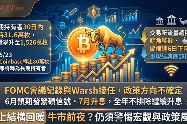比特幣長期持有者供應量攀升至約1,526萬枚BTC，創2025年8月以來新高，過去30日內增加約31.6萬枚。去年從Coinbase轉出的約80萬枚比特幣將於5月23日跨越六個月持有門檻，正式轉入長期持有者類別。Coin Bureau指出交易所資金流入流出差距連續六日收窄，與2019年以來每次比特幣底部模式重疊。