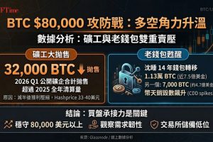 比特幣礦工首季拋售近32,000枚比特幣，超過2025年全年總清算量。哈希價格徘徊於每日每PH/s約33至40美元，MARA、CleanSpark及Bitdeer等礦業公司因減半後獲利壓縮，持續將庫存轉換為現金。一個擁有14年歷史的錢包轉移了11,300枚比特幣（約7.5億美元），幣天銷毀數急劇飆升。