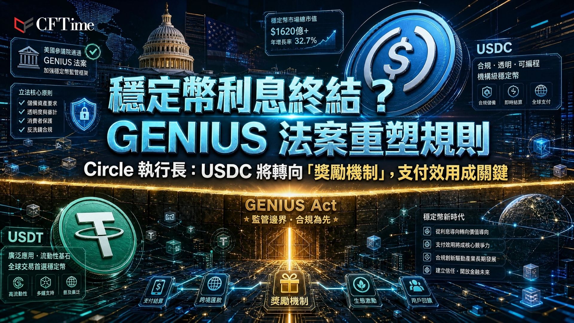 Circle行政總裁澄清，GENIUS法案收益禁令，他將此視為結構性特徵而非缺陷，認為該法案在穩定幣作為支付工具與有息投資產品之間劃出清晰界線。Allaire指出，航空里程、現金返還及會員積分可作為不構成利息的穩定幣獎勵模板。他將穩定幣比作HTTP協議層，強調支付效用依賴於結算速度、成本及可靠性，而非利息。