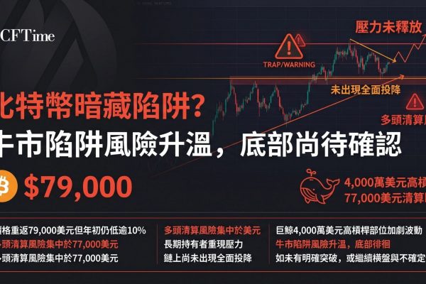 比特幣暗藏陷阱？比特幣重回79,000美元附近，但較年初開盤仍跌逾10%，大量早期買家處於套牢狀態。分析師指出，2018年週期經歷連續九個月下跌後才轉向，2022年亦有緩慢拖長過程，當前僅約五個月下跌，可能處於底部形成中段。鏈上數據顯示長期持有者壓力再現但未全面投降。