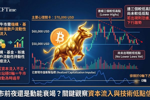 比特幣牛市啟動條件未到位！Alphractal創辦人Joao Wedson指出，比特幣已實現市值衝擊指標目前徘徊於中性0水平略下方，充當臨時阻力。若未能收復並站穩0以上，顯示市場資金流入正在消退，增加未來數月下探更低價格的機率。