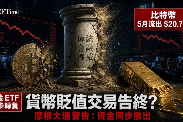 摩根大通警告，22026年最擁擠交易之一——「貨幣貶值交易」——正失去動能，比特幣與黃金同時受到衝擊。比特幣ETF資金流向：3月淨流入13.2億美元、4月24.4億美元（年度最強月份）、5月截至27日淨流出20.7億美元。5月27日單日錄得7.33億美元淨流出，貝萊德IBIT流出5.28億美元領跌。