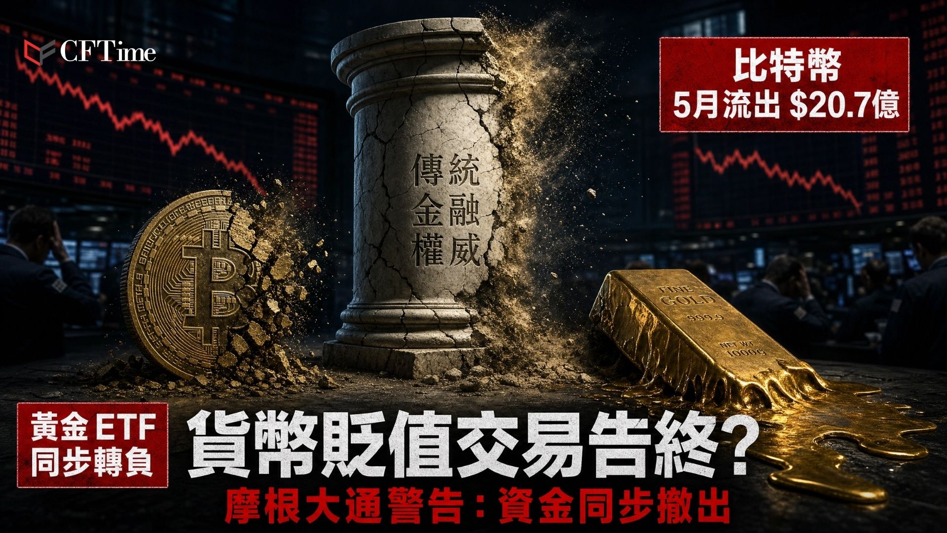 摩根大通警告，22026年最擁擠交易之一——「貨幣貶值交易」——正失去動能，比特幣與黃金同時受到衝擊。比特幣ETF資金流向：3月淨流入13.2億美元、4月24.4億美元（年度最強月份）、5月截至27日淨流出20.7億美元。5月27日單日錄得7.33億美元淨流出，貝萊德IBIT流出5.28億美元領跌。