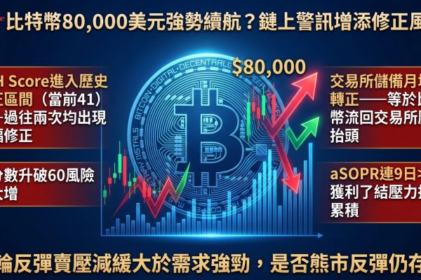 比特幣鏈上兩大警訊浮現：CSH Score進入41的歷史修正區間（比特幣史上第三次熊市反彈進入此區間，前兩次均急劇修正），以及交易所儲備30天月增率轉正。調整後花費產出利潤率（aSOPR）已連續9天維持在1.0以上，獲利了結壓力持續累積。分析師指出，當前反彈特徵更多是賣壓減少，而非可與先前牛市相比的主動持續性需求。