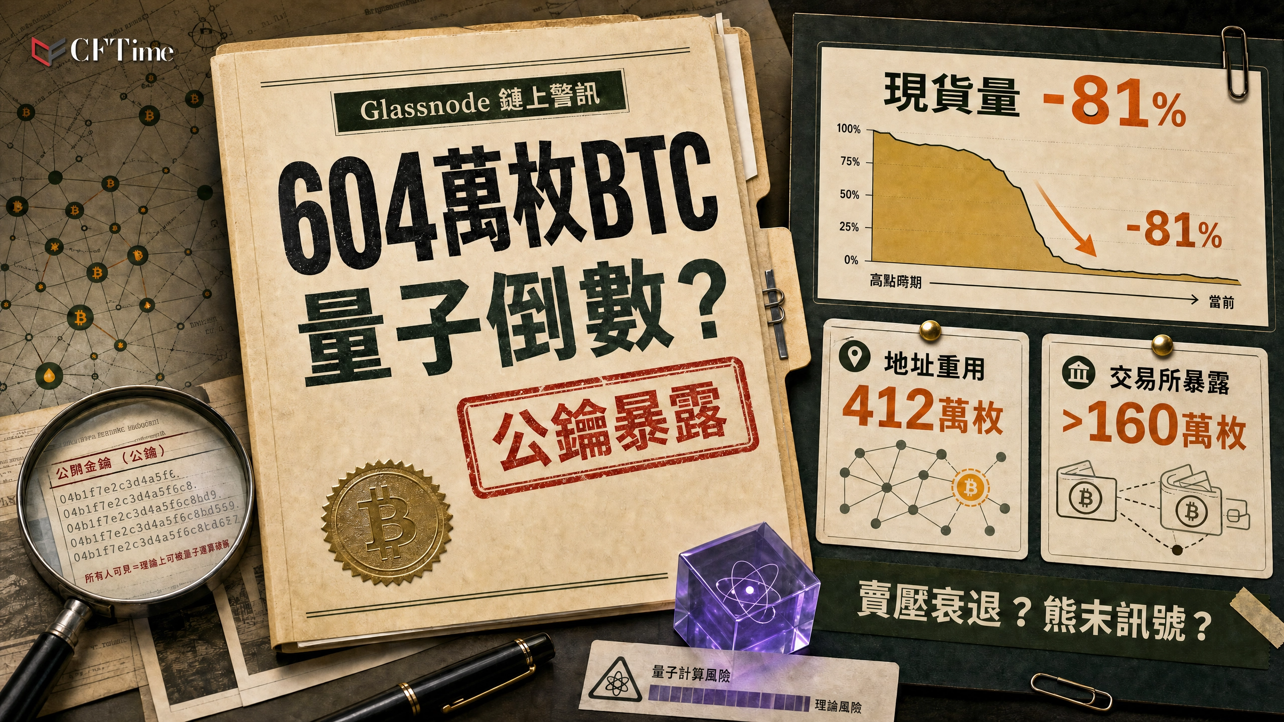 Glassnode數據顯示，比特幣未來恐遭量子破解，其中約412萬枚與地址重用及過時的託管方式有關。中心化交易所持有可能暴露地址中的超過160萬枚比特幣。業界普遍認為，具備破解能力的量子計算機至少還需十年或更長時間才能出現。