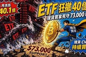 5月比特幣ETF累計流出超過40.1億美元。3月淨流入13.2億美元，4月淨流入24.4億美元（年度最強月份），5月7日至30日淨流出40.1億美元。儘管ETF賣壓增長，90天現貨Taker CVD仍處於「Taker買方主導」狀態，現貨買家在73,000美元關鍵支撐區持續吸籌。Stoch RSI跌至0.45及1.36（深度超賣），Parabolic SAR續印價格上方。NVT比率上升21.81%至23.24。