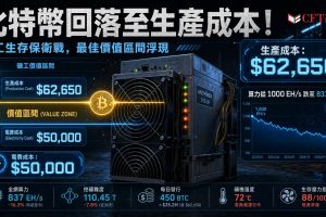 Capriole Investments創辦人Charles Edwards指出，比特幣已回到約62,650美元比特幣跌回生產成本——全球礦工每日開採一枚比特幣的平均成本，當前價格下礦工僅處於收支平衡狀態。從歷史上看，生產成本與50,000美元電費成本之間的區域一直是「最佳的長期價值機會區間」。