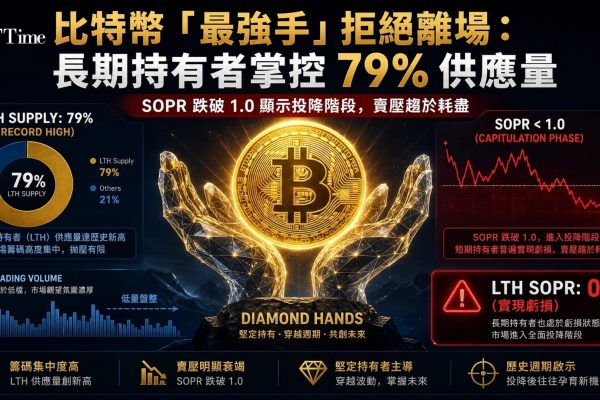 K33 Research報告指出，比特幣長期持有者現控制流通供應量創紀錄的79%，且極少舊幣在鏈上移動。SOPR數據顯示短期持有者（0.995）和長期持有者（0.8）均在虧損狀態下移動幣——長期持有者在虧損時賣出通常標誌週期的投降階段和賣壓耗盡。交易活動跌至異常低水平，供應日益集中在信念最強的「鑽石手」手中。