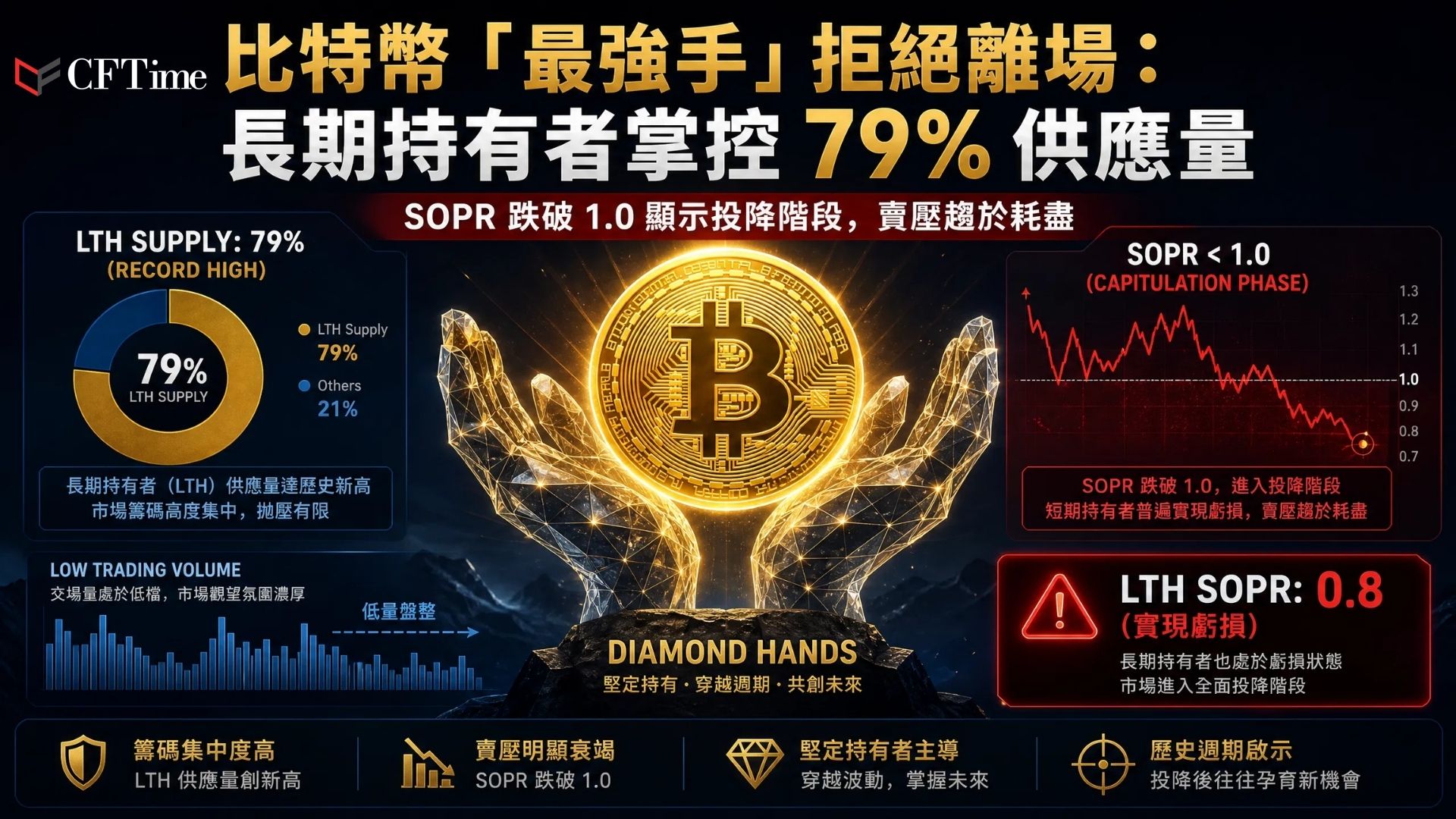 K33 Research報告指出，比特幣長期持有者現控制流通供應量創紀錄的79%，且極少舊幣在鏈上移動。SOPR數據顯示短期持有者（0.995）和長期持有者（0.8）均在虧損狀態下移動幣——長期持有者在虧損時賣出通常標誌週期的投降階段和賣壓耗盡。交易活動跌至異常低水平，供應日益集中在信念最強的「鑽石手」手中。