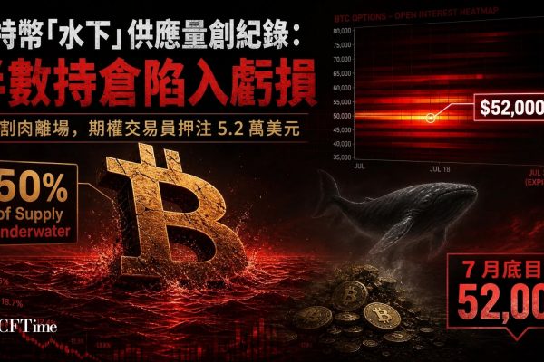 比特幣虧損供應量攀升至1,056萬枚BTC，超過此前1,047萬枚峰值，約一半流通供應量處於水下。一頭巨鯨以62,000美元賣出800枚BTC，鎖定約3,500萬美元虧損（此前在107,000美元買入）。Deribit期權未平倉合約升至360億美元月度高點，交易員大量買入看跌期權，目標7月月底52,000美元。