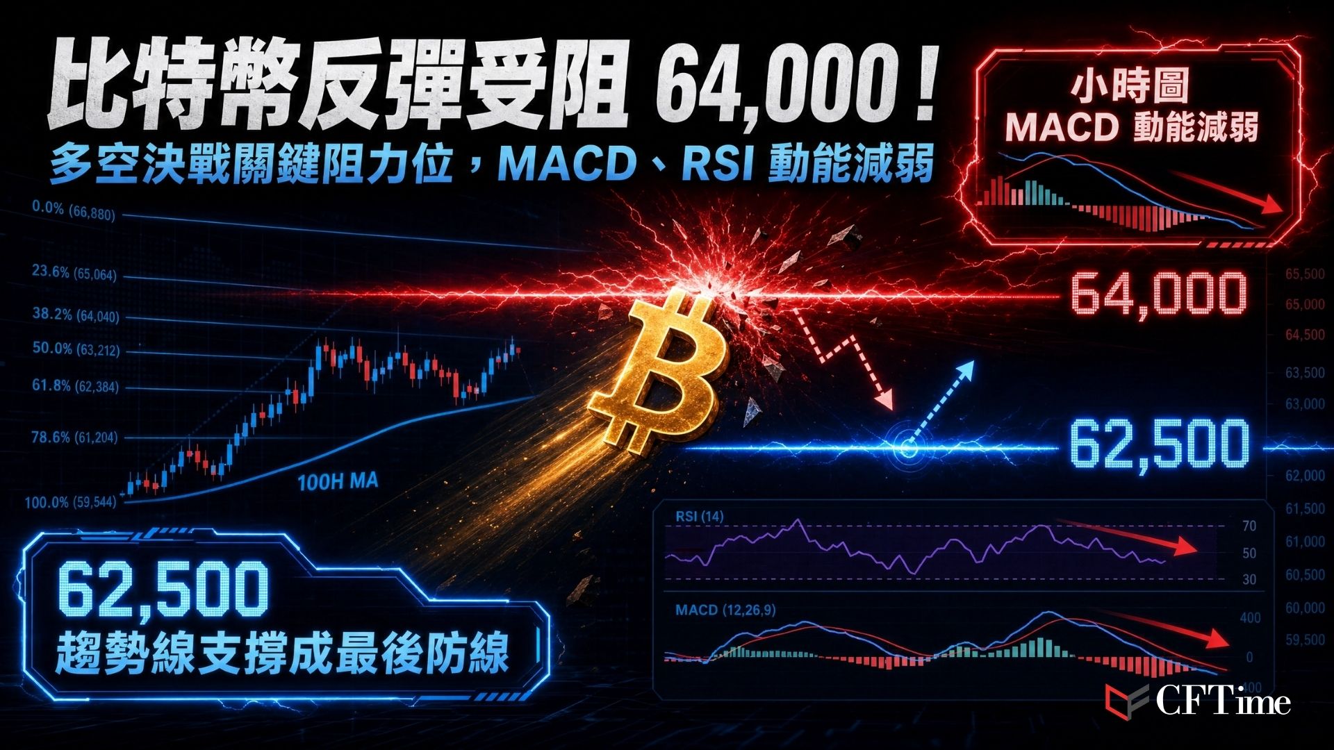 比特幣反彈受阻，從59,106美元低點反彈至62,500美元上方，小時圖形成支撐位於62,500美元的看漲趨勢線，價格交易於100小時簡單移動平均線之上。即時阻力位於63,500美元，第一關鍵阻力位於64,000美元。若突破64,000美元，可能測試65,500美元及66,500美元（下行走勢50%斐波那契回撤位）。
