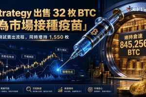 Strategy行政總裁出售32枚比特幣，主要目的是測試內部賣出流程並「給市場接種疫苗」，讓投資者接受偶爾小額出售的可能性，而非籌集股息資金。出售後公司仍為淨買家，後續以1.013億美元購買1,550枚比特幣，總持倉增至845,256枚，現金儲備增至約10億美元。