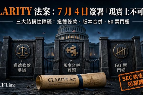 CLARITY法案通過眾議院，並於2026年5月14日以15-9票通過參議院銀行委員會，但Fox Business主持Eleanor Terrett表示7月4日CLARITY法案簽署「現實上不可能」。三大結構性障礙包括：未解決的道德條款、兩委員會版本合併無固定期限、以及60票門檻。