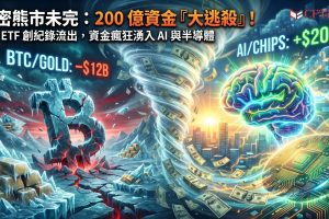 加密熊市尚未結束。自4月以來，美國黃金與比特幣ETF合計淨流出約120億美元，而半導體ETF同期吸引超過200億美元淨流入。比特幣ETF上週錄得創紀錄的17.9億美元流出（BlackRock IBIT佔約13億美元），加密總市值週跌逾5%。長期持有者SOPR從1.03跌至0.87，過去30日平均虧損13%賣出。