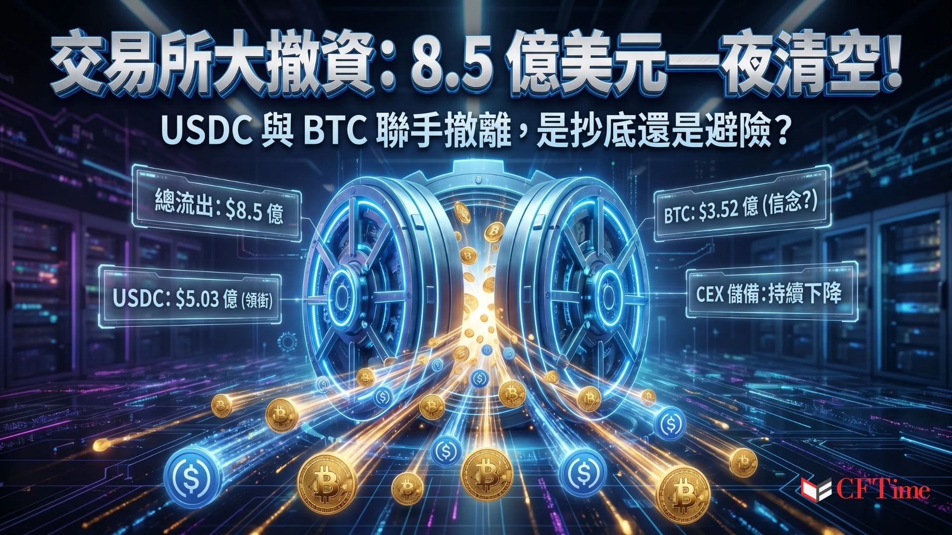 7月1日前夕，中心化交易所出現顯著資金撤離浪潮，USDC以約5.03億美元流出領銜，3.527億美元比特幣撤出交易所，合計約8.5億美元。比特幣離開交易所通常被解讀為持有信念的信號（轉入自我託管），穩定幣撤資則可能指向DeFi部署或流動性重分配。
