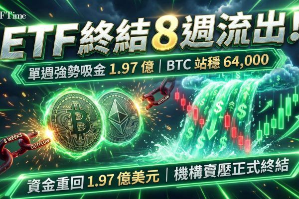 比特幣ETF終結八週流出，7月10日當週錄得1.97億美元淨流入，為逾兩個月以來首次，比特幣本週上漲3％突破64,000美元。以太幣ETF亦同步結束八週流出，錄得8,442萬美元。惟分析師指一週正面流入不足以確認需求復甦，累積持倉仍然疲弱，需數週持續流入才能顯示投資者正重建曝險。