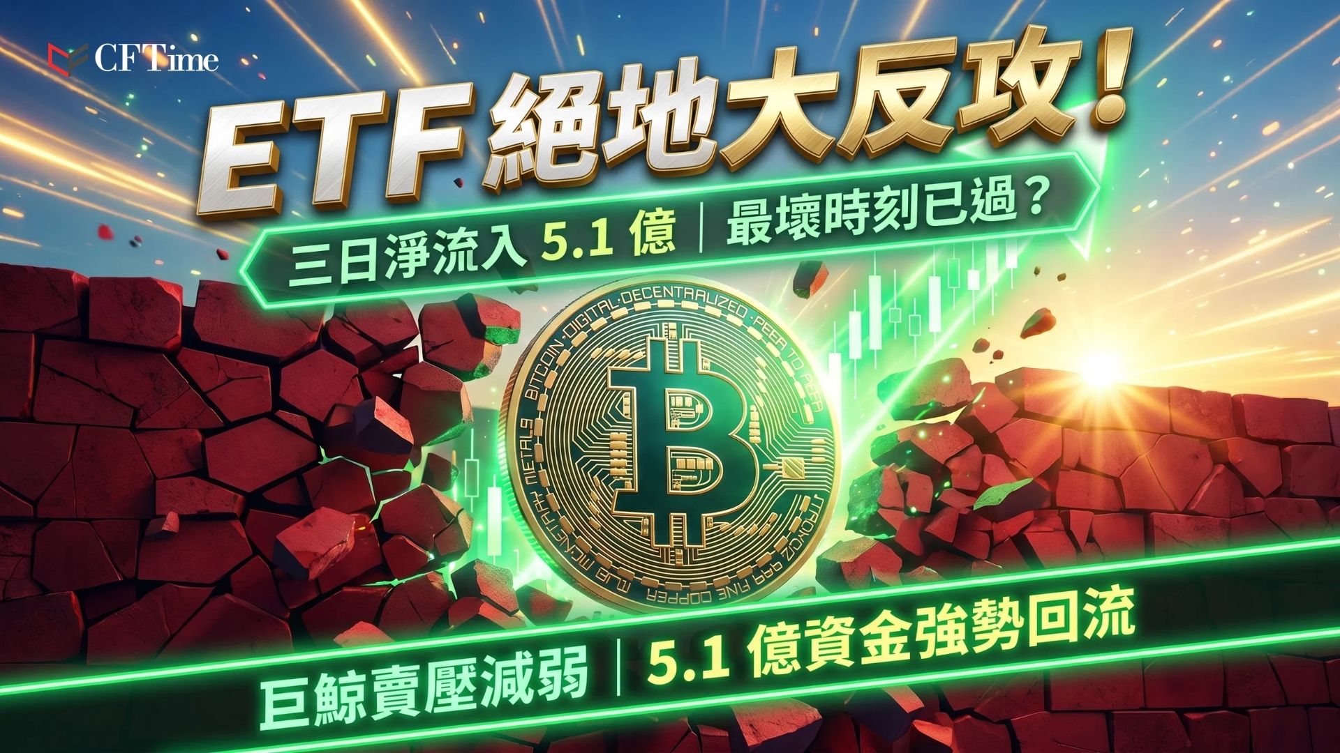 比特幣ETF連續三日錄得淨流入約5.1億美元，逆轉此前八週80億美元的創紀錄流出。CoinShares分析師James Butterfill表示「市場情緒可能正在轉向，我們可能已渡過最壞時刻」。Glassnode數據顯示巨鯨賣壓已減弱，但聯儲緊縮政策預期仍為主要風險。比特幣報62,000美元，過去一週上漲4％。