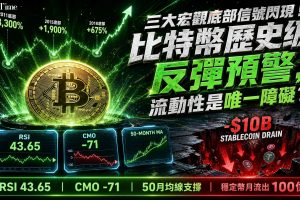 比特幣突破66,000美元，分析師Ali Martinez指出月線RSI跌至約43.65、Chande動量振盪器跌至約-71，以及比特幣交易於50個月移動平均線附近——比特幣閃現三大宏觀底部信號，在2015年（+8,300％）、2019年（+1,900％）和2022年（+675％）均曾預示大幅反彈。