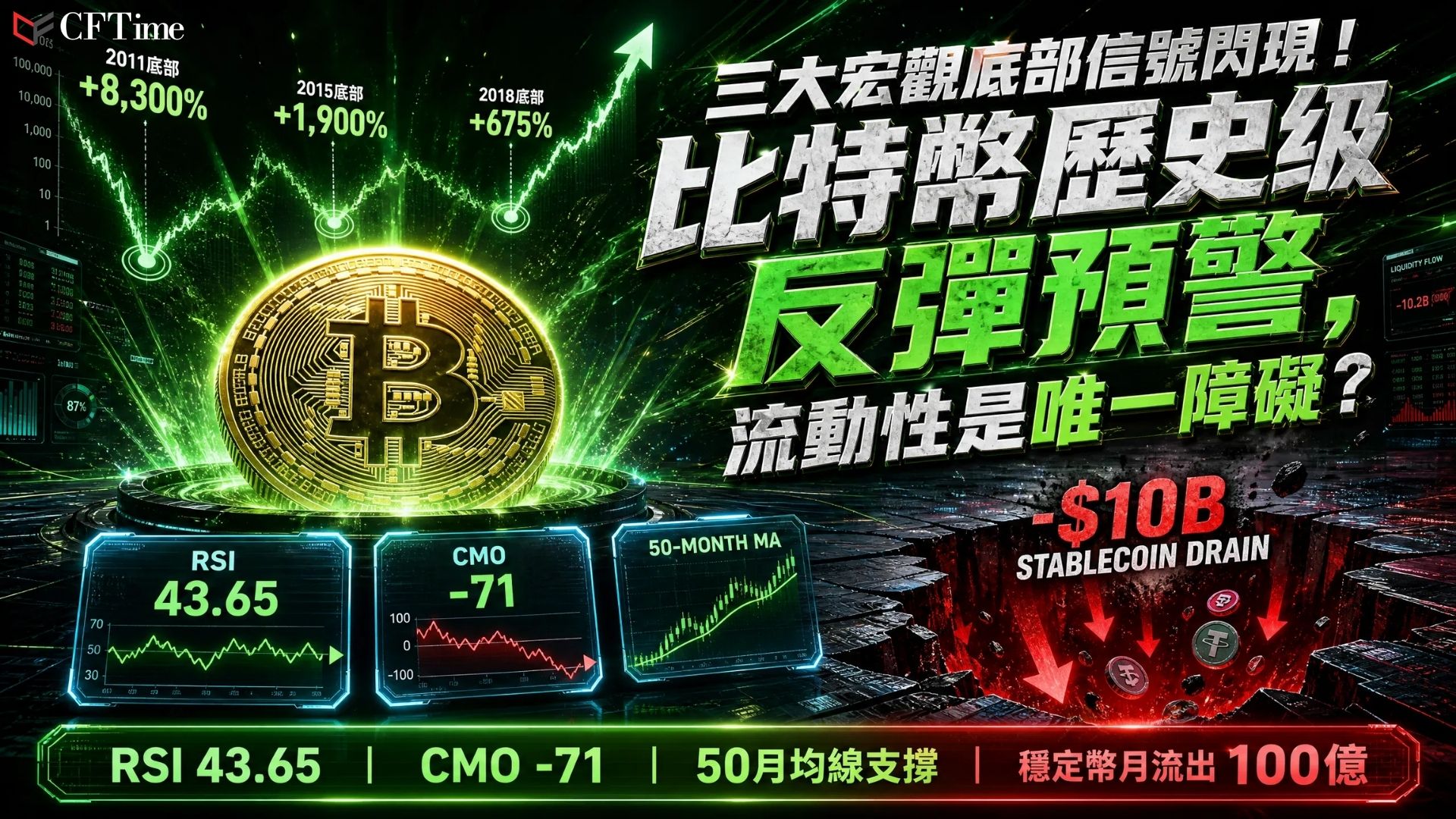 比特幣突破66,000美元，分析師Ali Martinez指出月線RSI跌至約43.65、Chande動量振盪器跌至約-71，以及比特幣交易於50個月移動平均線附近——比特幣閃現三大宏觀底部信號，在2015年（+8,300％）、2019年（+1,900％）和2022年（+675％）均曾預示大幅反彈。