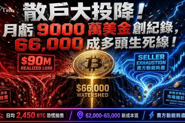 比特幣買家恐慌拋售，30日平均虧損轉移升至2,450枚BTC，月度已實現虧損達創紀錄9,000萬美元。62,000至65,000美元區域正形成新成本基礎，66,000美元為關鍵分水嶺——突破將強化上行動能，失敗則可能觸發新一輪賣壓。表觀需求從-275,000改善至-172,960，顯示賣方耗竭加劇。