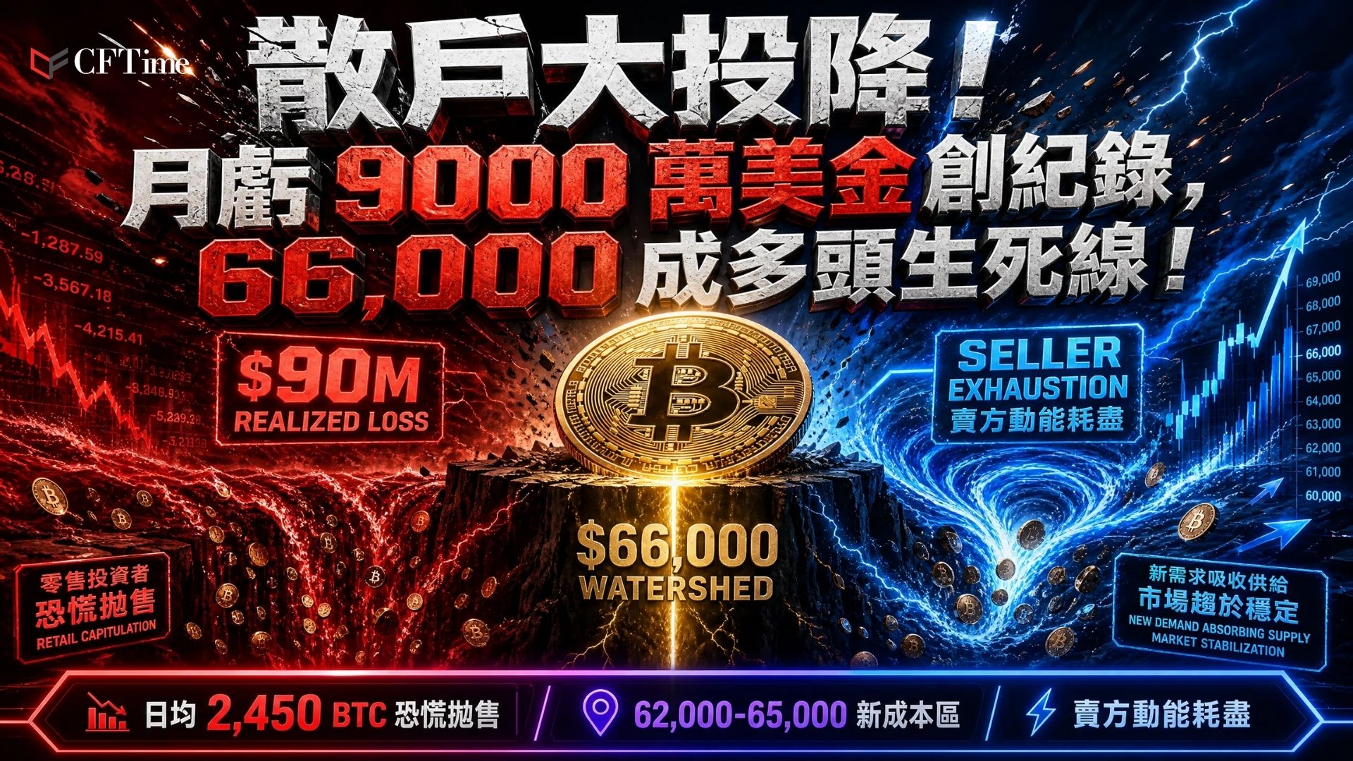比特幣買家恐慌拋售，30日平均虧損轉移升至2,450枚BTC，月度已實現虧損達創紀錄9,000萬美元。62,000至65,000美元區域正形成新成本基礎，66,000美元為關鍵分水嶺——突破將強化上行動能，失敗則可能觸發新一輪賣壓。表觀需求從-275,000改善至-172,960，顯示賣方耗竭加劇。