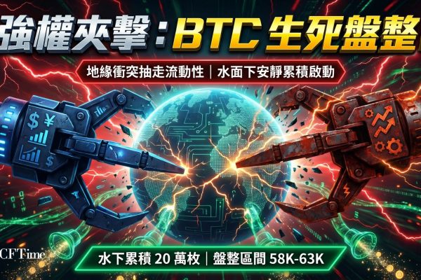 比特幣自高峰蒸發逾半市值，大致維持在58,000至63,000美元區間。地緣政治緊張與關稅戰持續抽走資本。鏈上數據顯示自6月3日以來買家累積約200,000枚BTC，表觀需求從-275,000升至-75,000，但仍處負值區域，指標轉正前實質上漲難確認。布林帶顯示價格已在下方帶找到基礎。