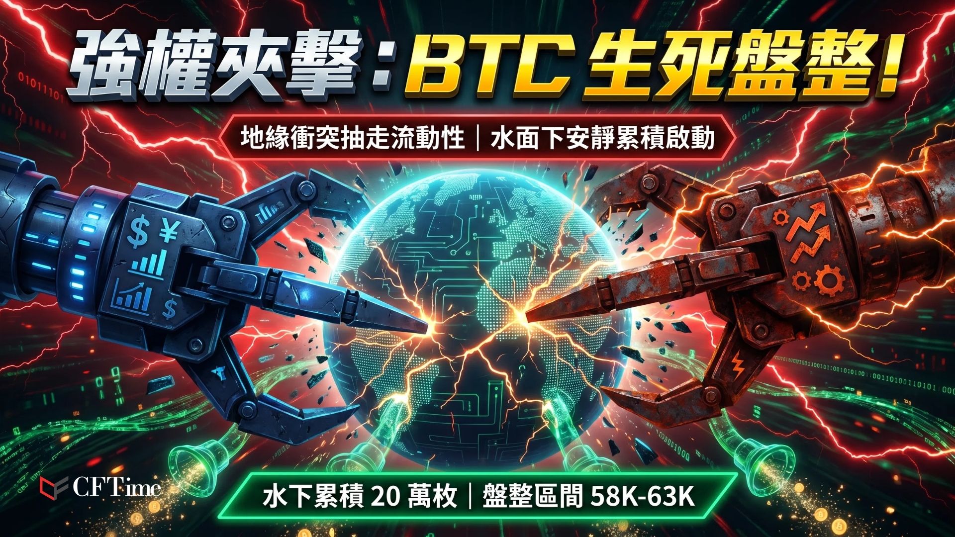 比特幣自高峰蒸發逾半市值，大致維持在58,000至63,000美元區間。地緣政治緊張與關稅戰持續抽走資本。鏈上數據顯示自6月3日以來買家累積約200,000枚BTC，表觀需求從-275,000升至-75,000，但仍處負值區域，指標轉正前實質上漲難確認。布林帶顯示價格已在下方帶找到基礎。