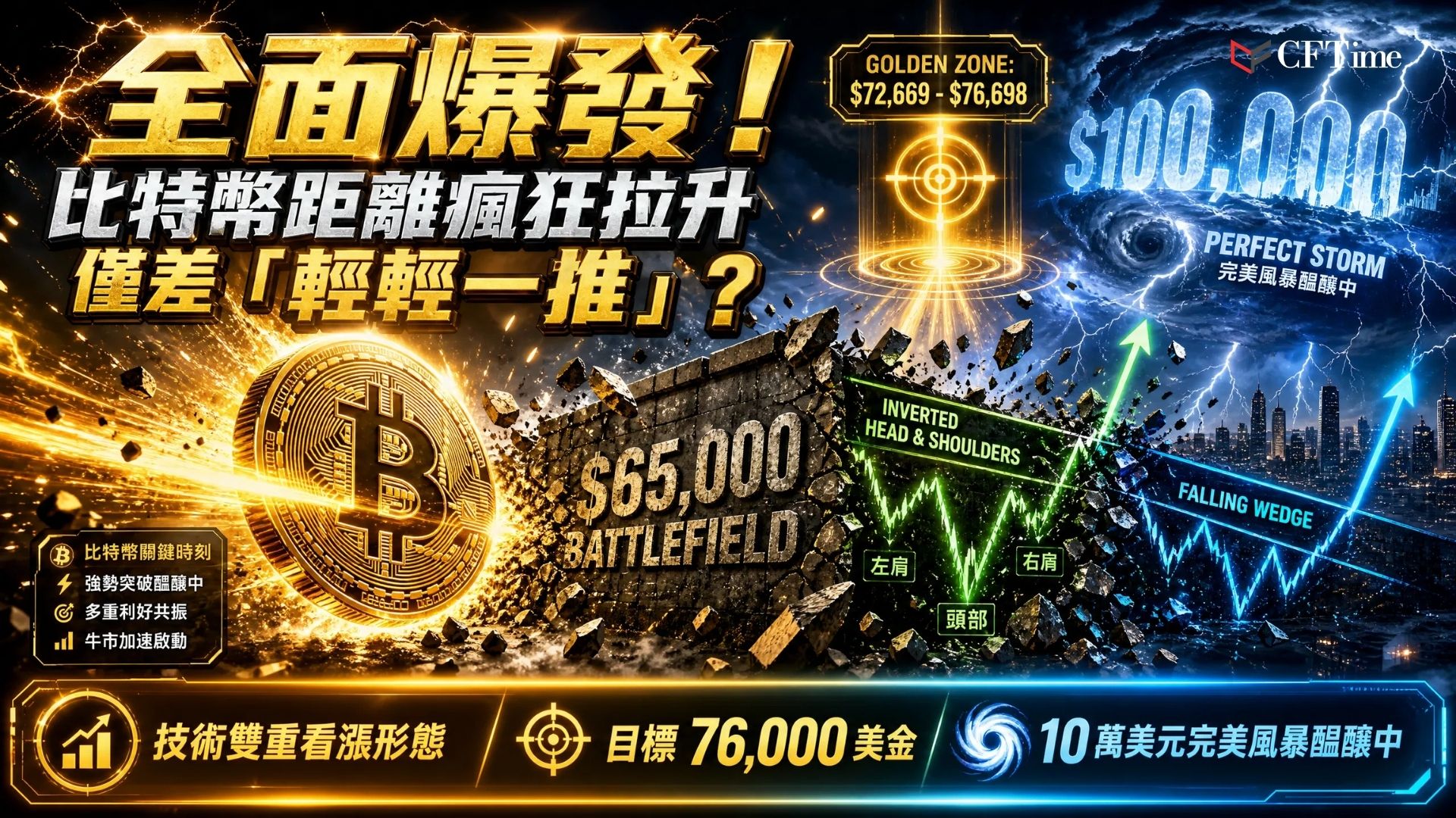 比特幣逼近全面突破區域！交易員Josh Olszewicz指出比特幣6小時圖表顯示倒置頭肩形態和下降楔形同步作用，頭部在57,800美元附近觸底，右肩在月中鞏固。主要技術目標位於72,669美元（1.618斐波那契）至76,698美元（2.0斐波那契）黃金區域。65,000美元為關鍵戰場，看跌反應正在減弱。