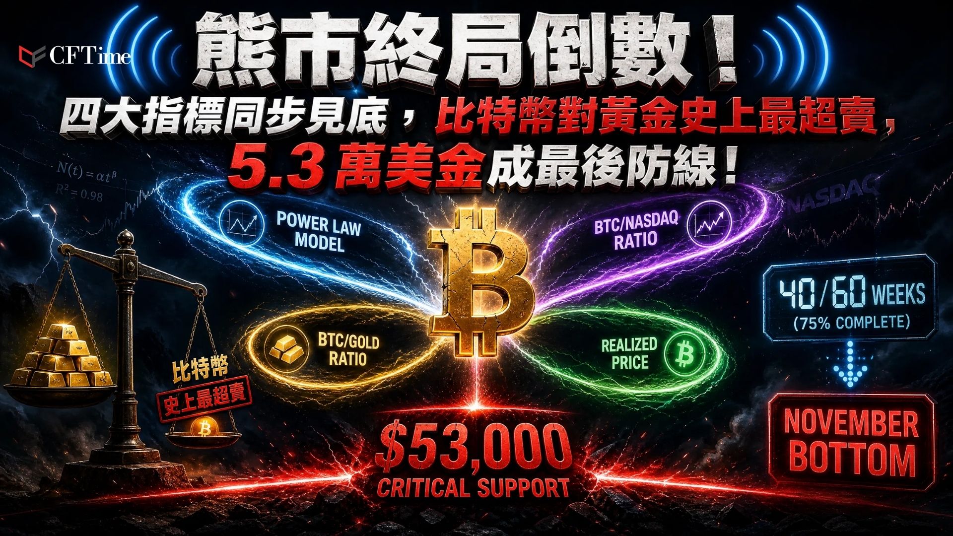 比特幣較歷史高點下跌約50％，當前下跌已逾40週。四個獨立長期指標正以歷史上標誌熊市後期的方式匯聚：冪律模型接近下限（歷史準確率約96％）；比特幣對納斯達克九年基本持平，14週相對強度創歷史最高；比特幣對黃金處於史上最超賣水平；已實現價格約53,000美元為關鍵支撐。歷史熊市平均約60週，低點可能約在11月形成。