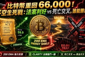 比特幣反彈至近期高點，200週期EMA守住支撐，RSI高於50顯示買盤動能存在。死亡交叉略微收窄，引發黃金交叉可能成形的討論。財政部長表示CLARITY法案處於「1碼線」，接近完成。惟ADX低於25顯示無趨勢動能，Coinbase溢價逾900小時為負，反映機構尚未積極累積。預測市場逾六成交易員押注先跌後漲。