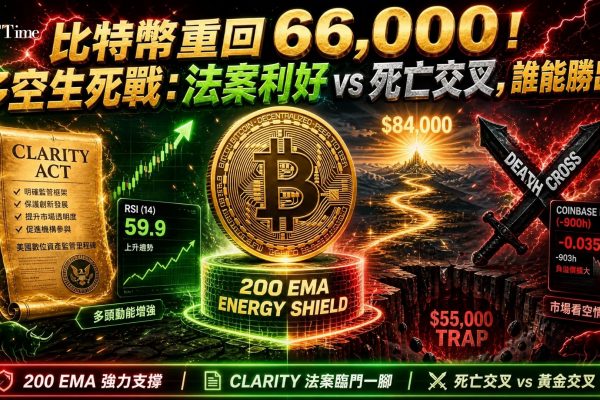 比特幣反彈至近期高點，200週期EMA守住支撐，RSI高於50顯示買盤動能存在。死亡交叉略微收窄，引發黃金交叉可能成形的討論。財政部長表示CLARITY法案處於「1碼線」，接近完成。惟ADX低於25顯示無趨勢動能，Coinbase溢價逾900小時為負，反映機構尚未積極累積。預測市場逾六成交易員押注先跌後漲。