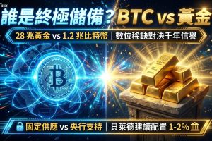 黃金市值約28兆美元，比特幣市值約1.2兆美元。比特幣優勢：供應量固定2,100萬枚、全球數位轉移數分鐘完成、儲存成本低、完全透明；黃金優勢：千年信譽、年化波動12-20％、央行支持強勁。Strategy以約847,000枚BTC領先企業持有者，機構配置比特幣1-2％。兩者多被視為互補資產。